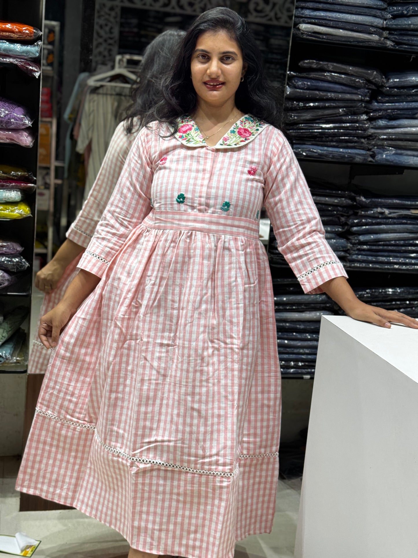 F138 Handloom checks Peter pan collar dress