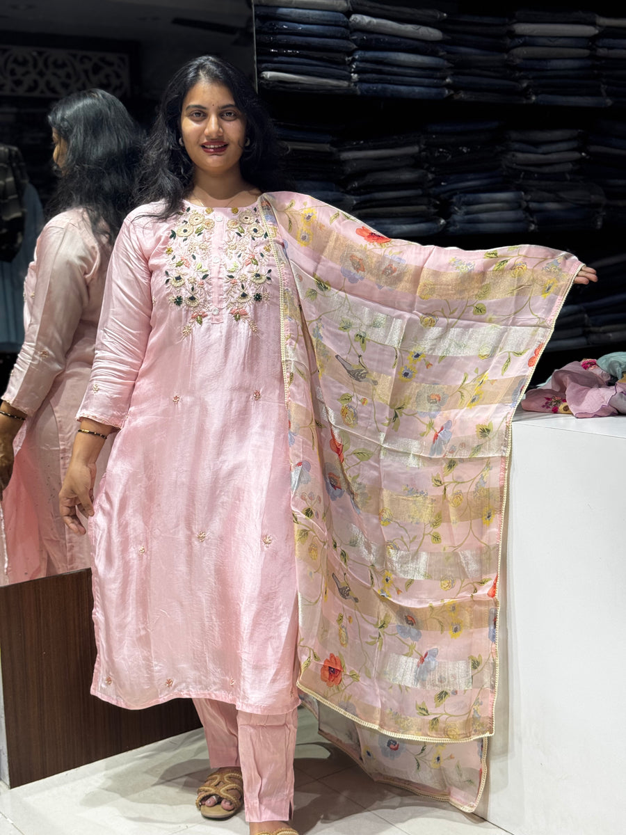 K186 Baby pink chinon silk three peice set