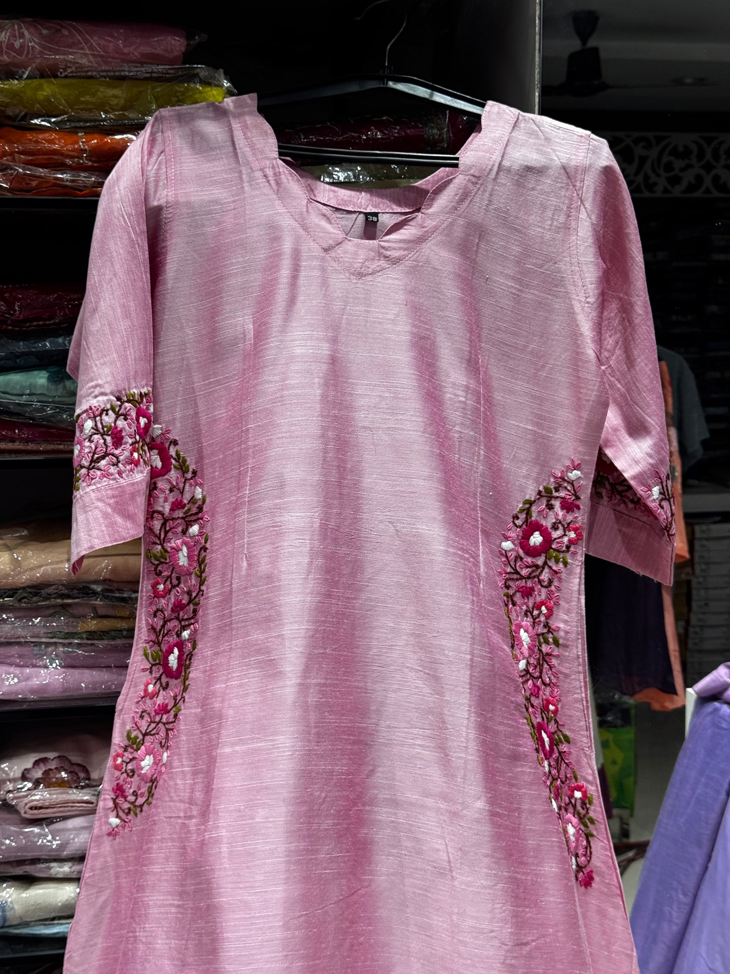 F141 Baby pink Slubsilk kurti/gown