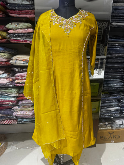 K202 Mustard yellow Roman silk  three peice set with zardosi