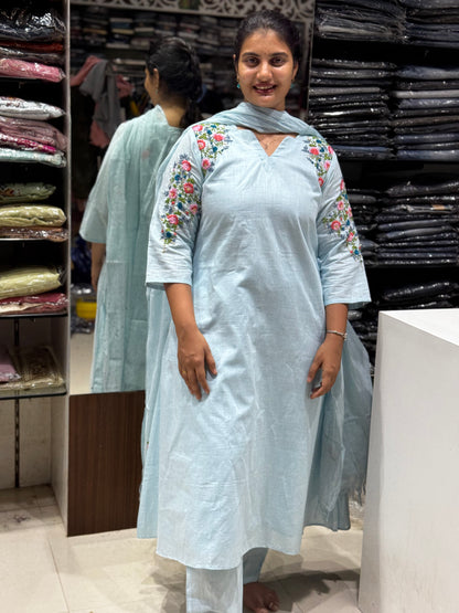 K174 Aqua blue cotton cambri 3pc set