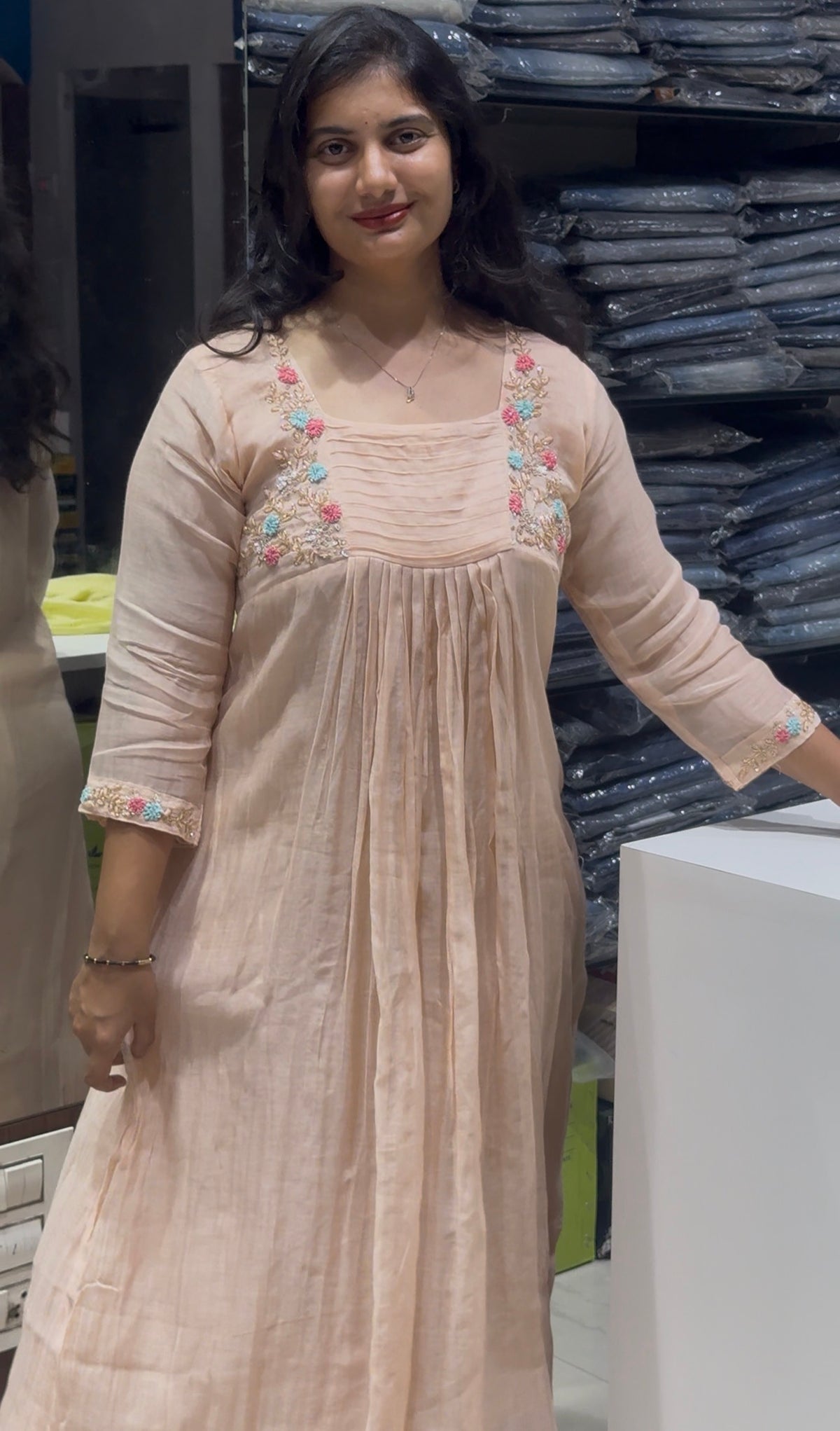 F 155 Light orange Benaras mulchanderi dress