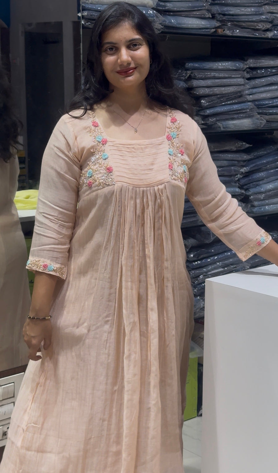 F 155 Light orange Benaras mulchanderi dress