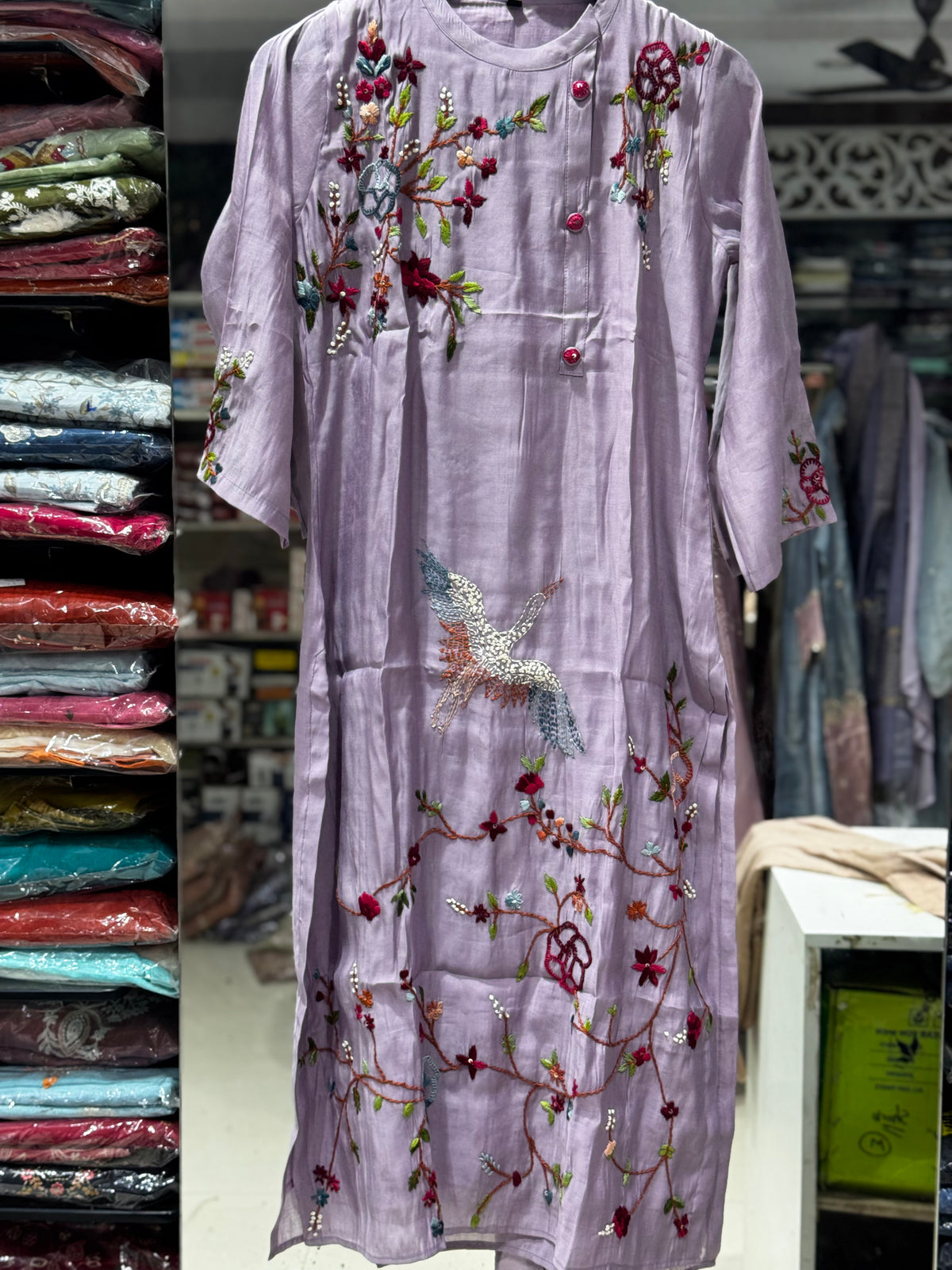 K232 Lavender Roman silk with Kantha work three peice suit set
