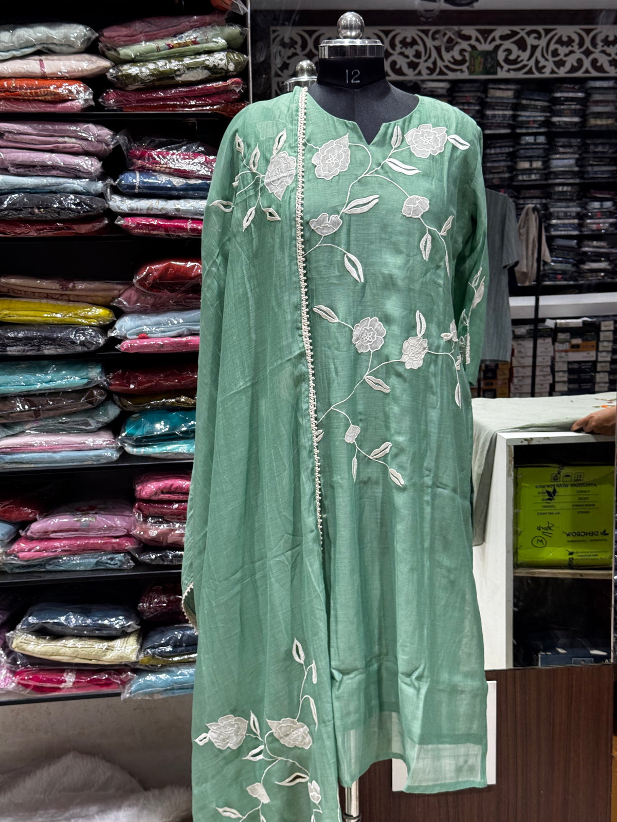 K239 Mulchanderi three peice suit set with applique work