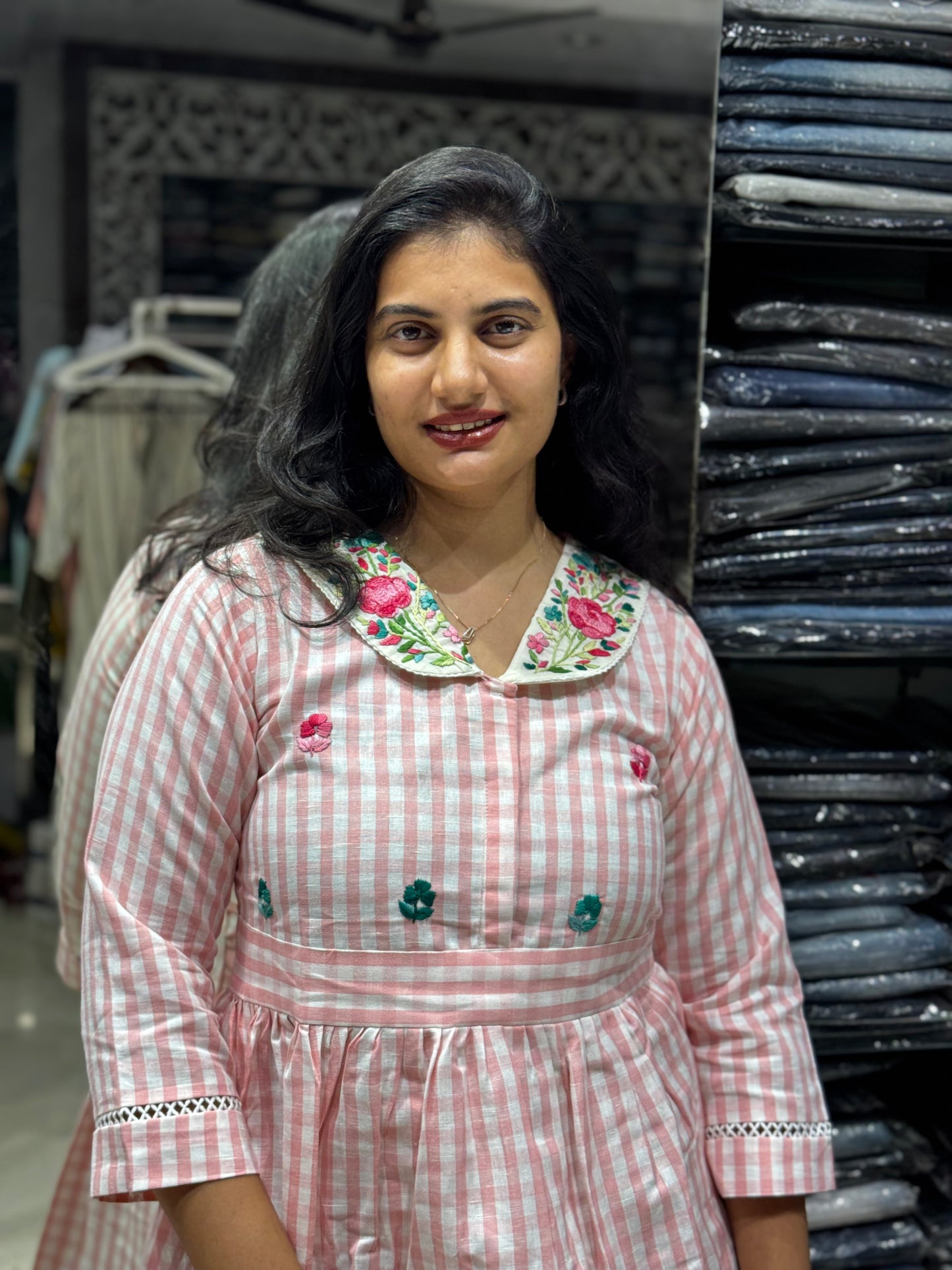 F138 Handloom checks Peter pan collar dress