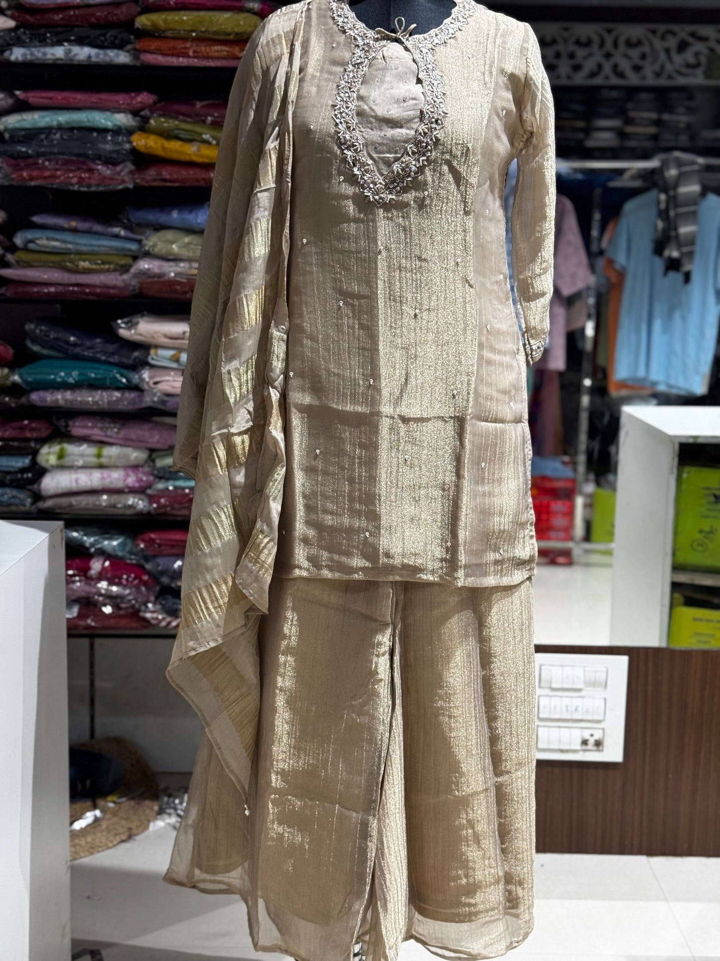 K190 Tissue 3pc set with zardosi work and dupatta