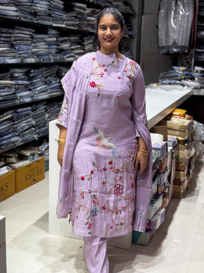 K232 Lavender Roman silk with Kantha work three peice suit set
