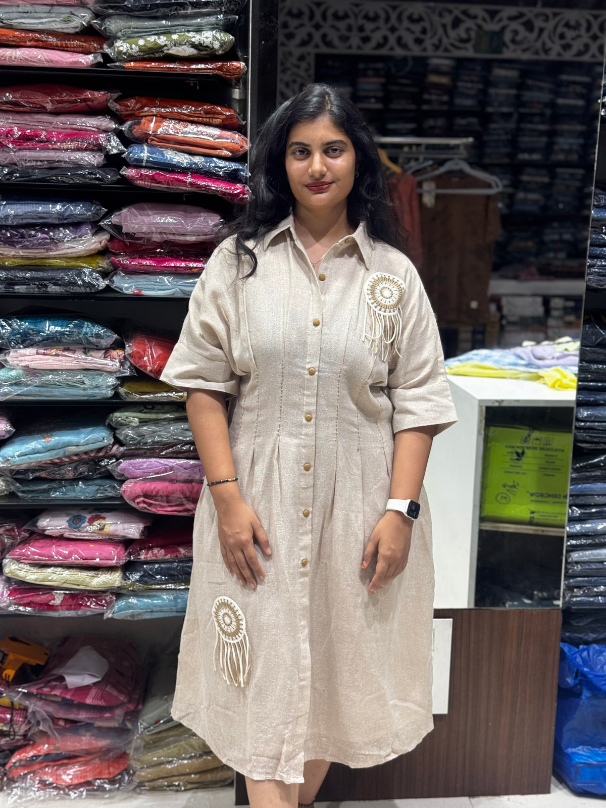 F158 Jute cotton beige Dress with crochet patches