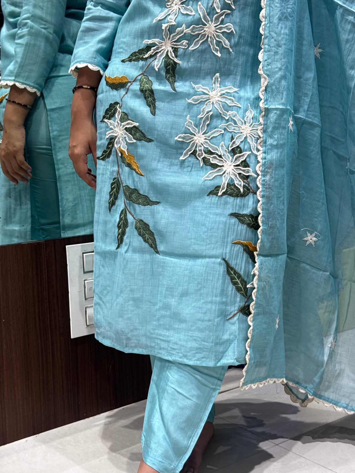 K244 Skyblue benras mulchanderi with applique work kurta set