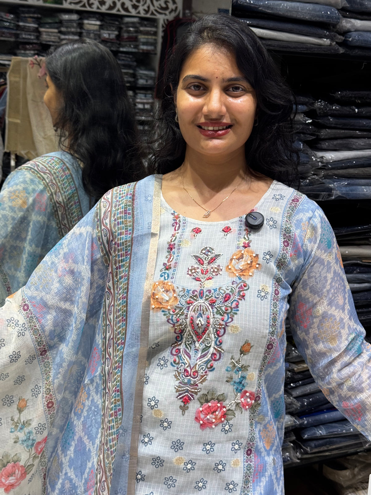 K210 Blue silk kota three peice suit set with digital print and Kantha work