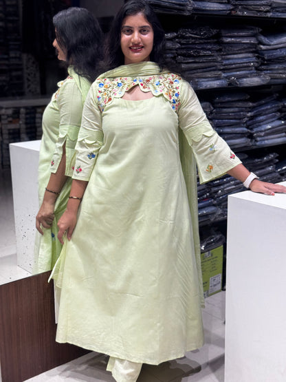 K243 Pista green Handloom cotton three peice suit set