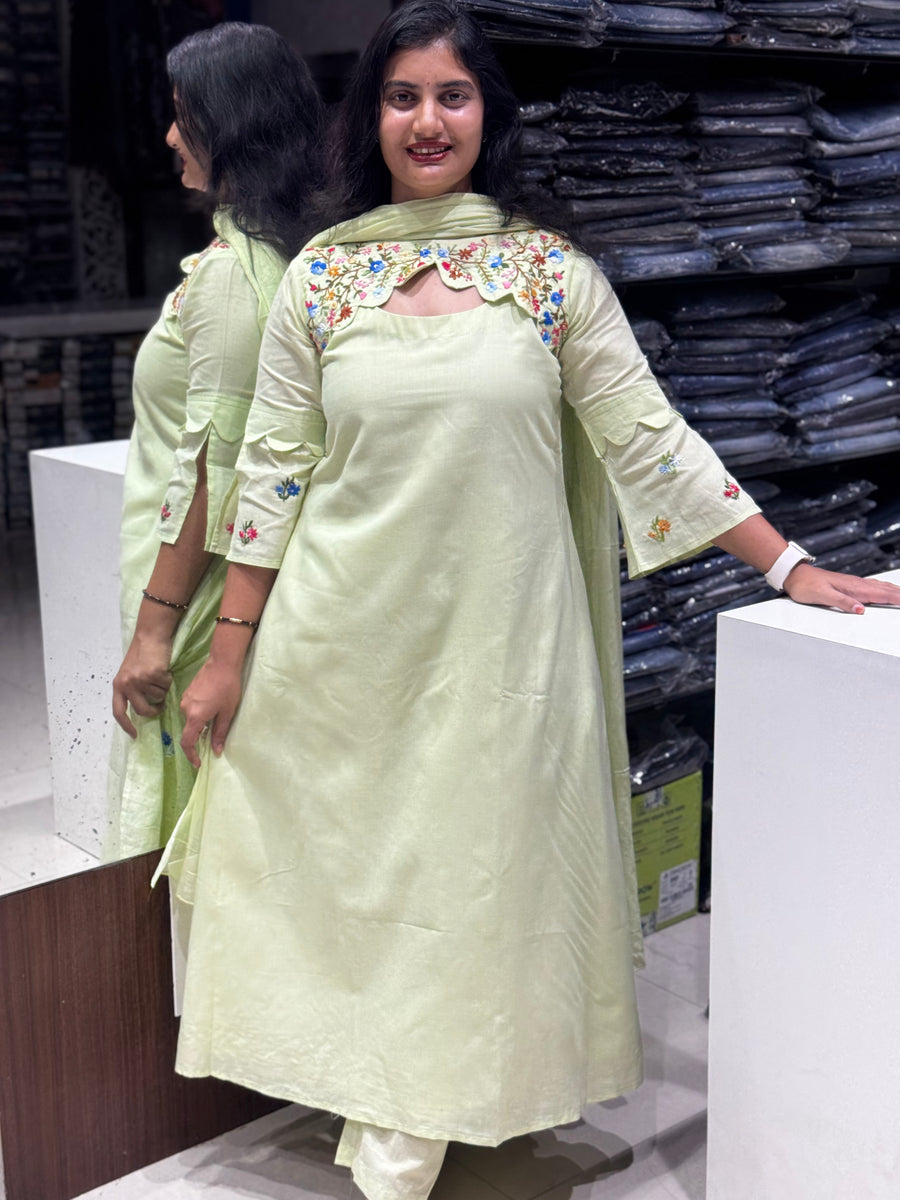 K243 Pista green Handloom cotton three peice suit set