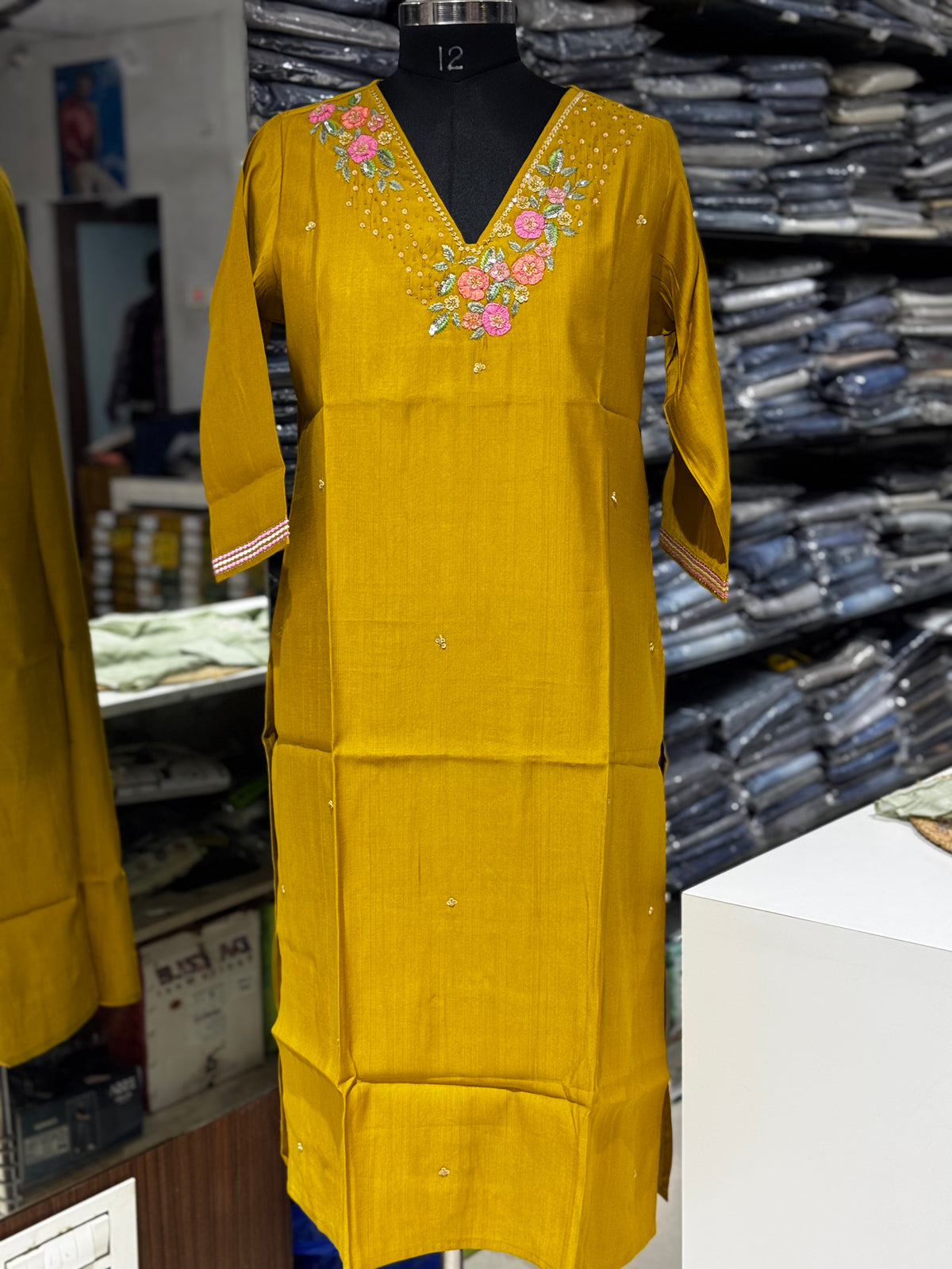 T49 mustard yellow Zardosi applique work Kurti top