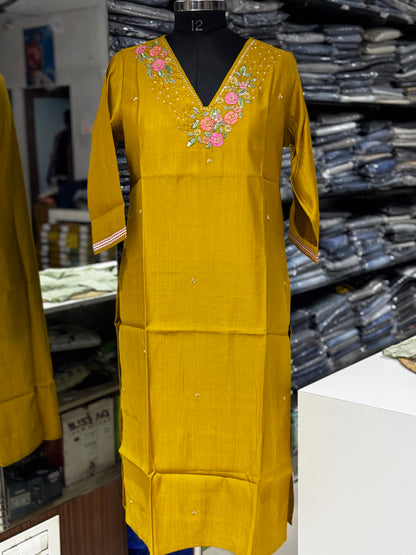 T49 mustard yellow Zardosi applique work Kurti top