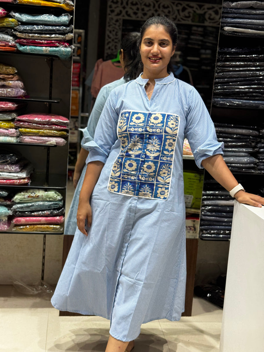 F129 Blue stripes Shirt style dress with kalamkari twist