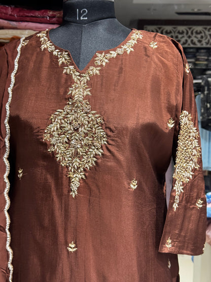 K188 Chocolate brown  chinon silk 3pc set