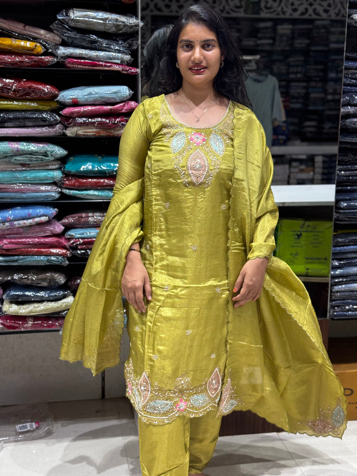 K257 Tissue three peice suit set with applique work
