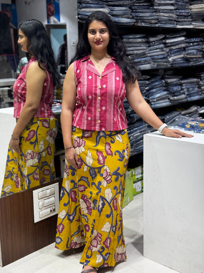 S12 Indo fusion Handloom cotton skirt cord set marron and mustard yellow  skirt