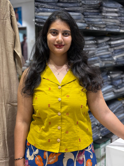 S10 Indo fusion Handloom kalamkari skirt cord set mustard yellow and blue