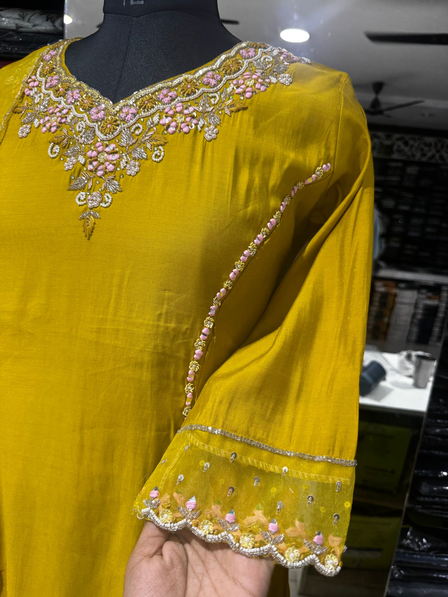 K202 Mustard yellow Roman silk  three peice set with zardosi