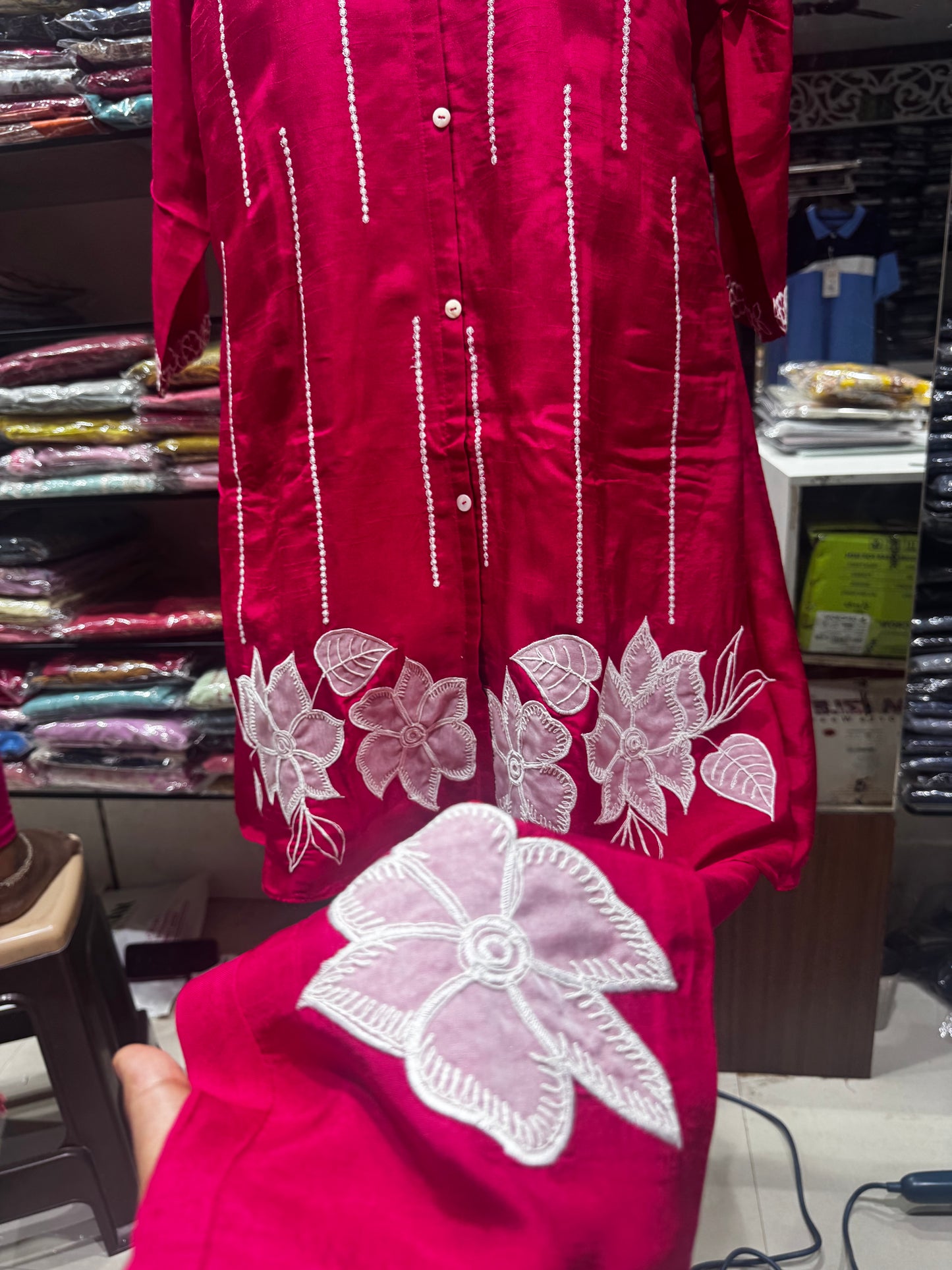 C109 Rani pink raw silk applique work cord set