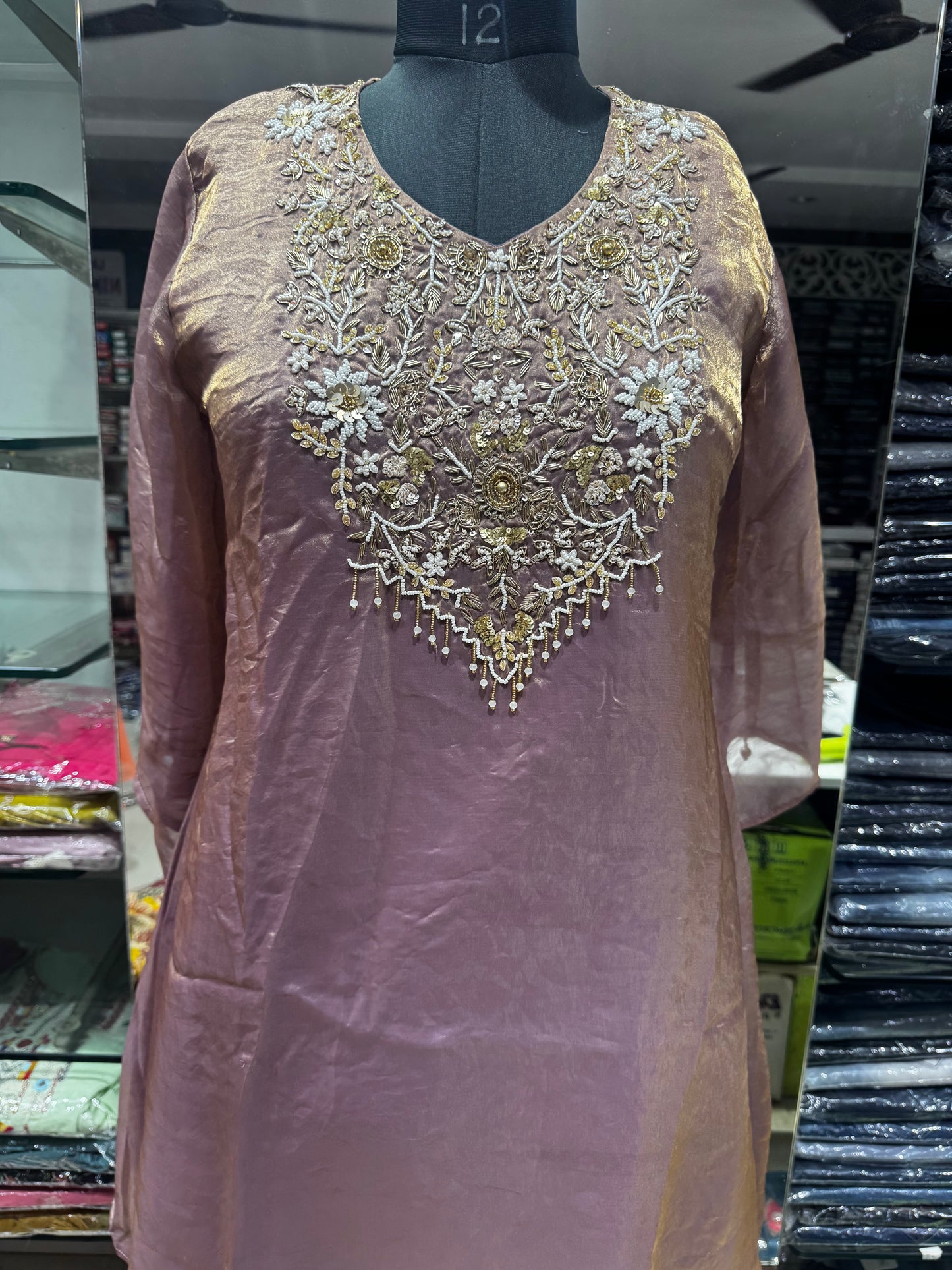 C106 Premium rose gold tissue Partywear cord set with zardosi work