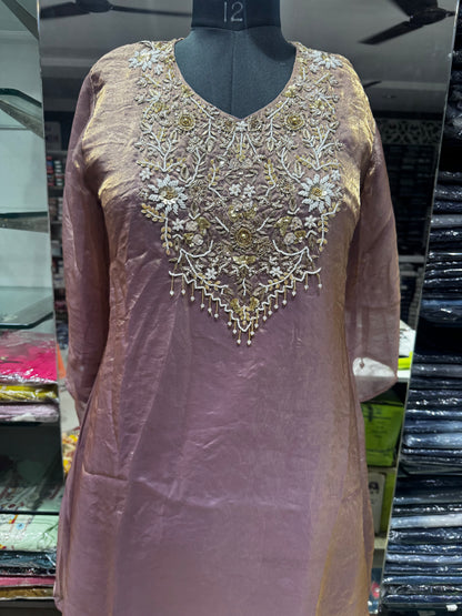 C106 Premium rose gold tissue Partywear cord set with zardosi work