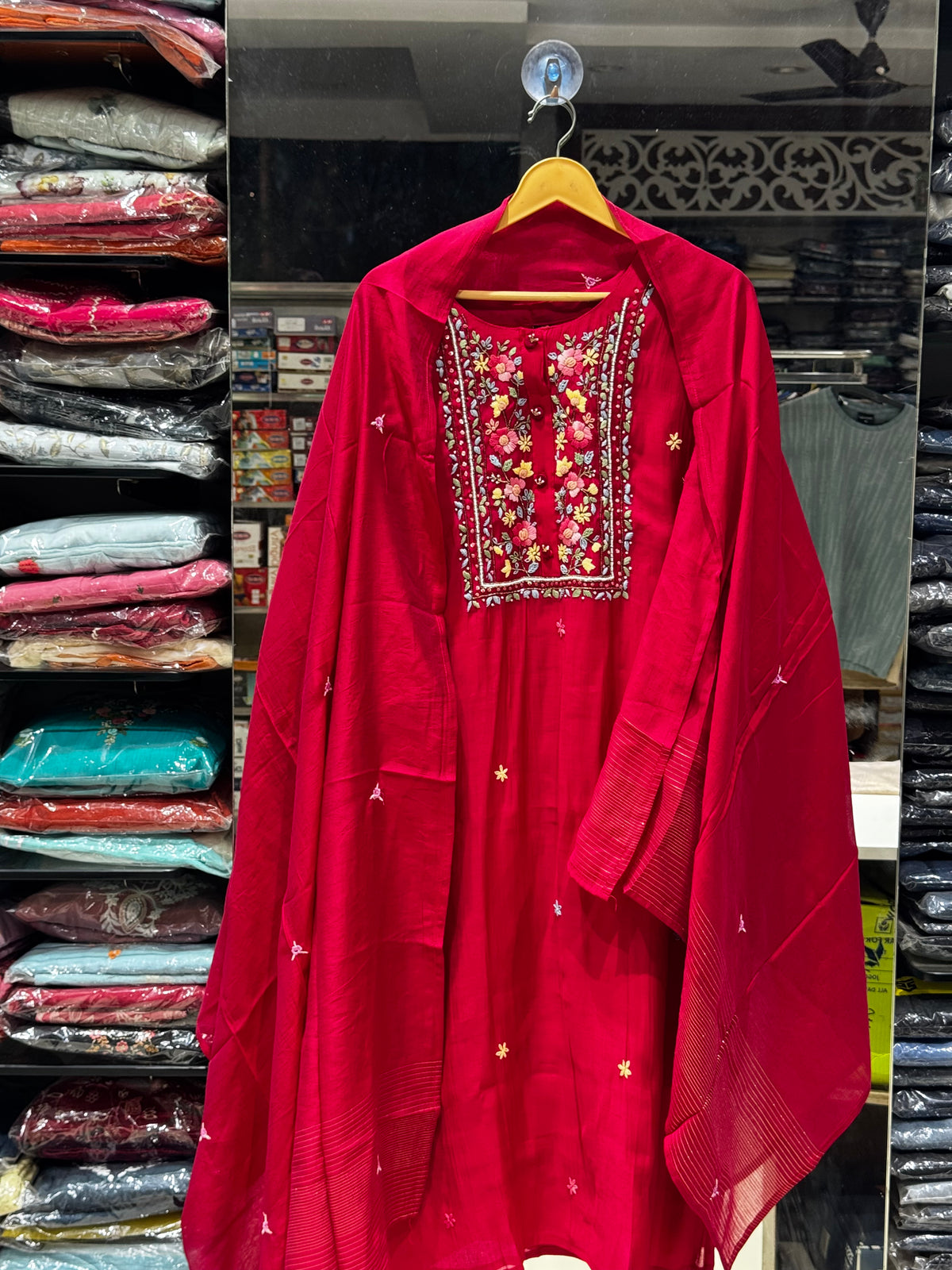 K208 Roman silk with Kantha work three peice suit set