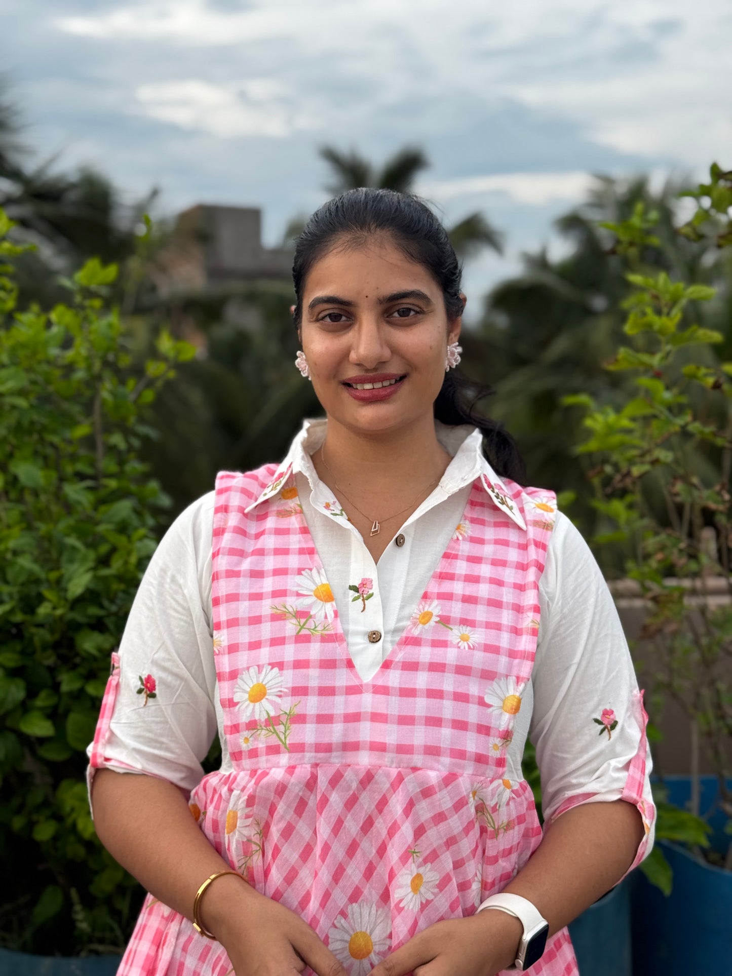 F144 Pink checks sunflower dress