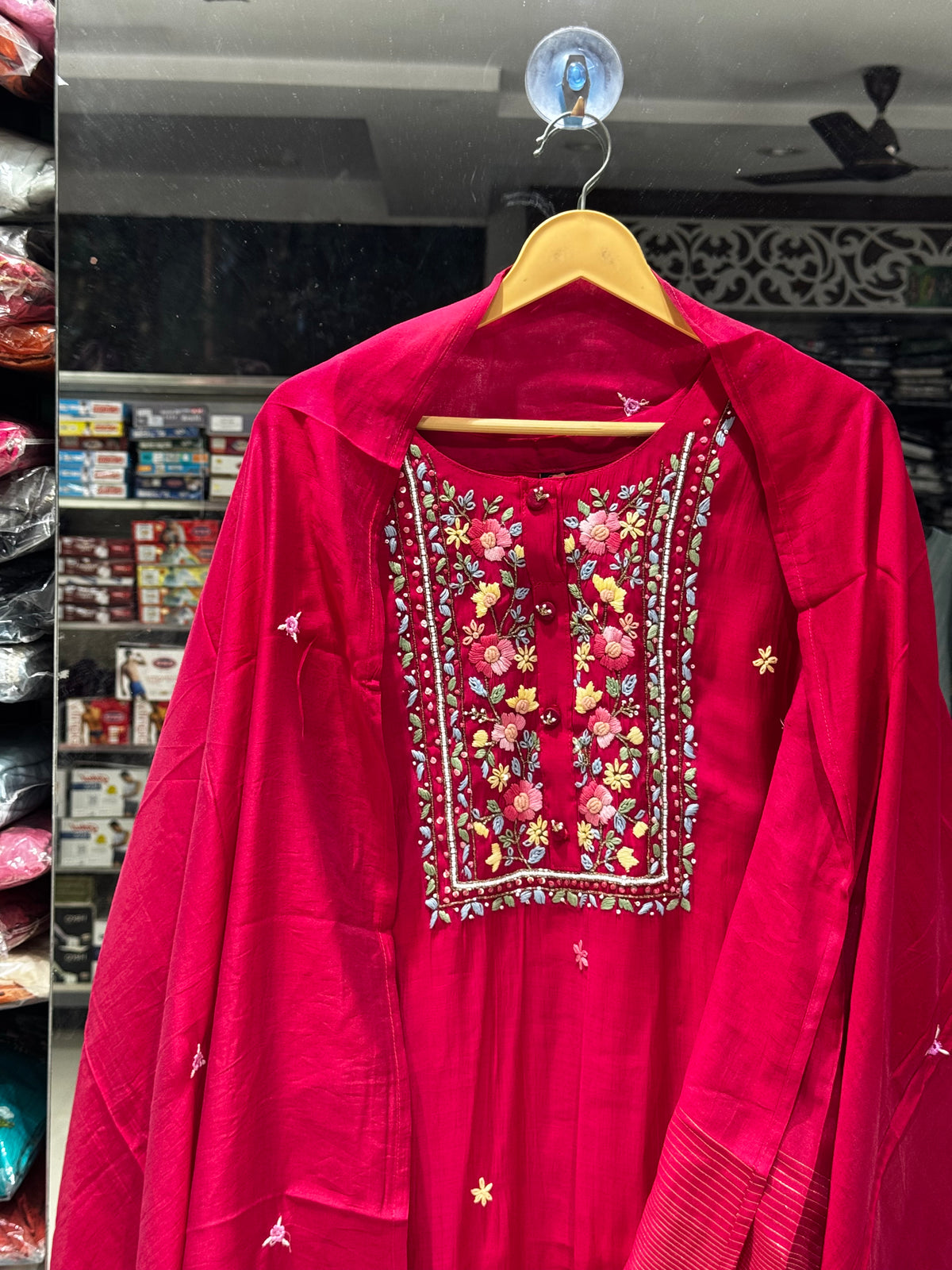 K208 Roman silk with Kantha work three peice suit set