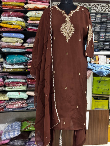 K188 Chocolate brown  chinon silk 3pc set