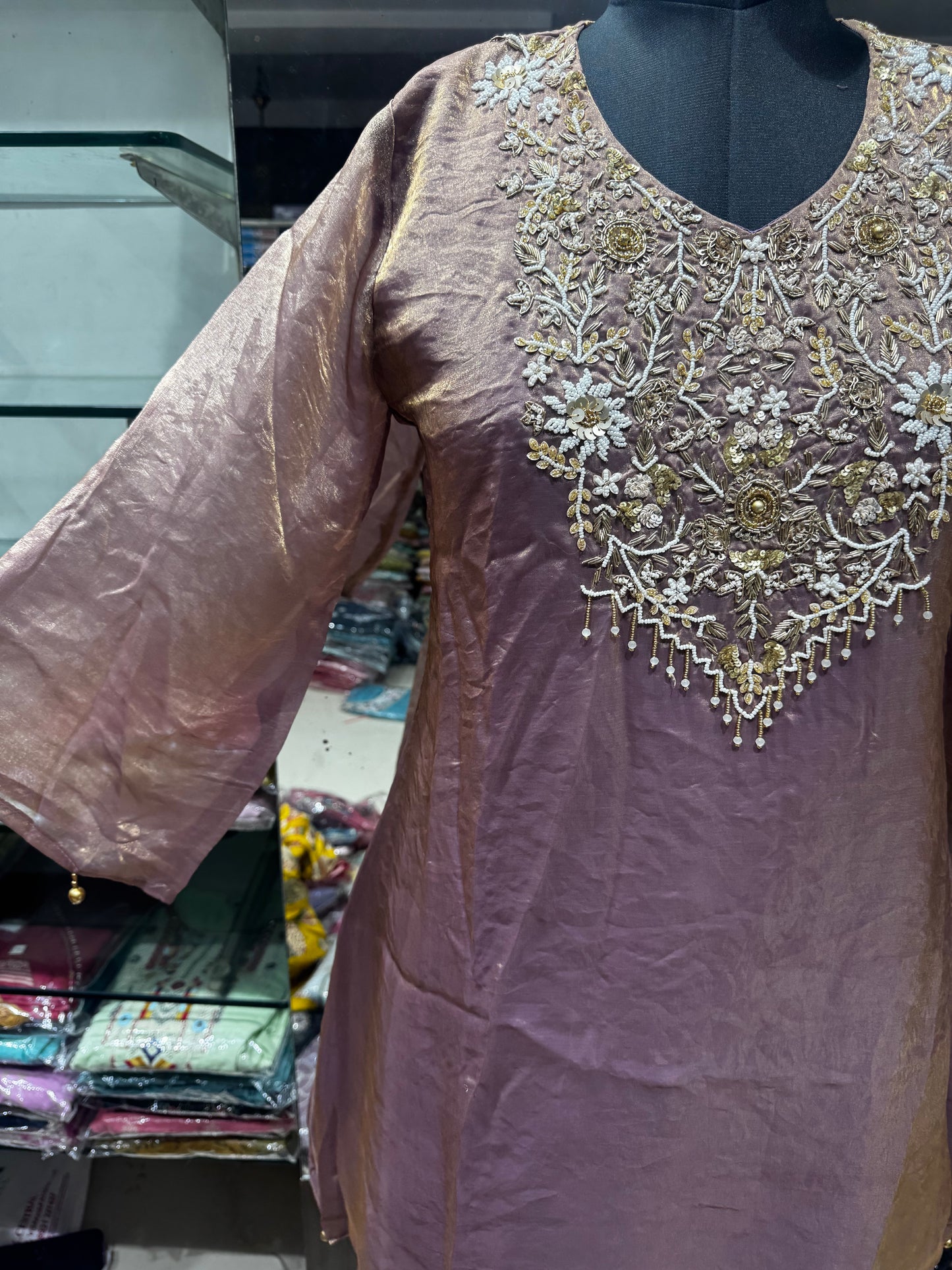 C106 Premium rose gold tissue Partywear cord set with zardosi work