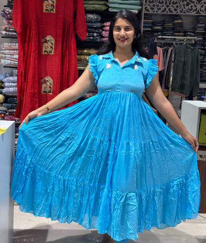 F148 Sky blue chinon butterfly dress