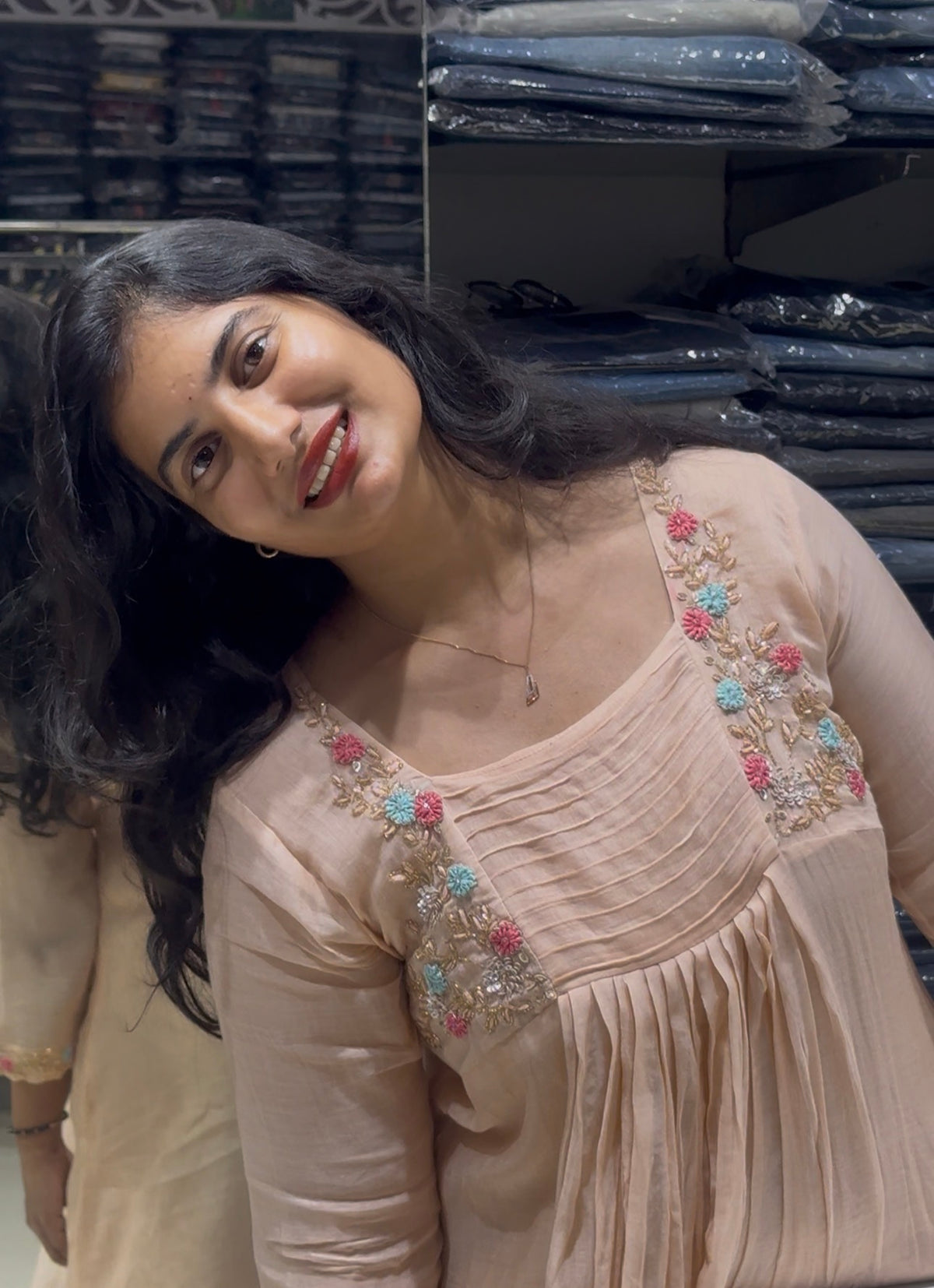 F 155 Light orange Benaras mulchanderi dress
