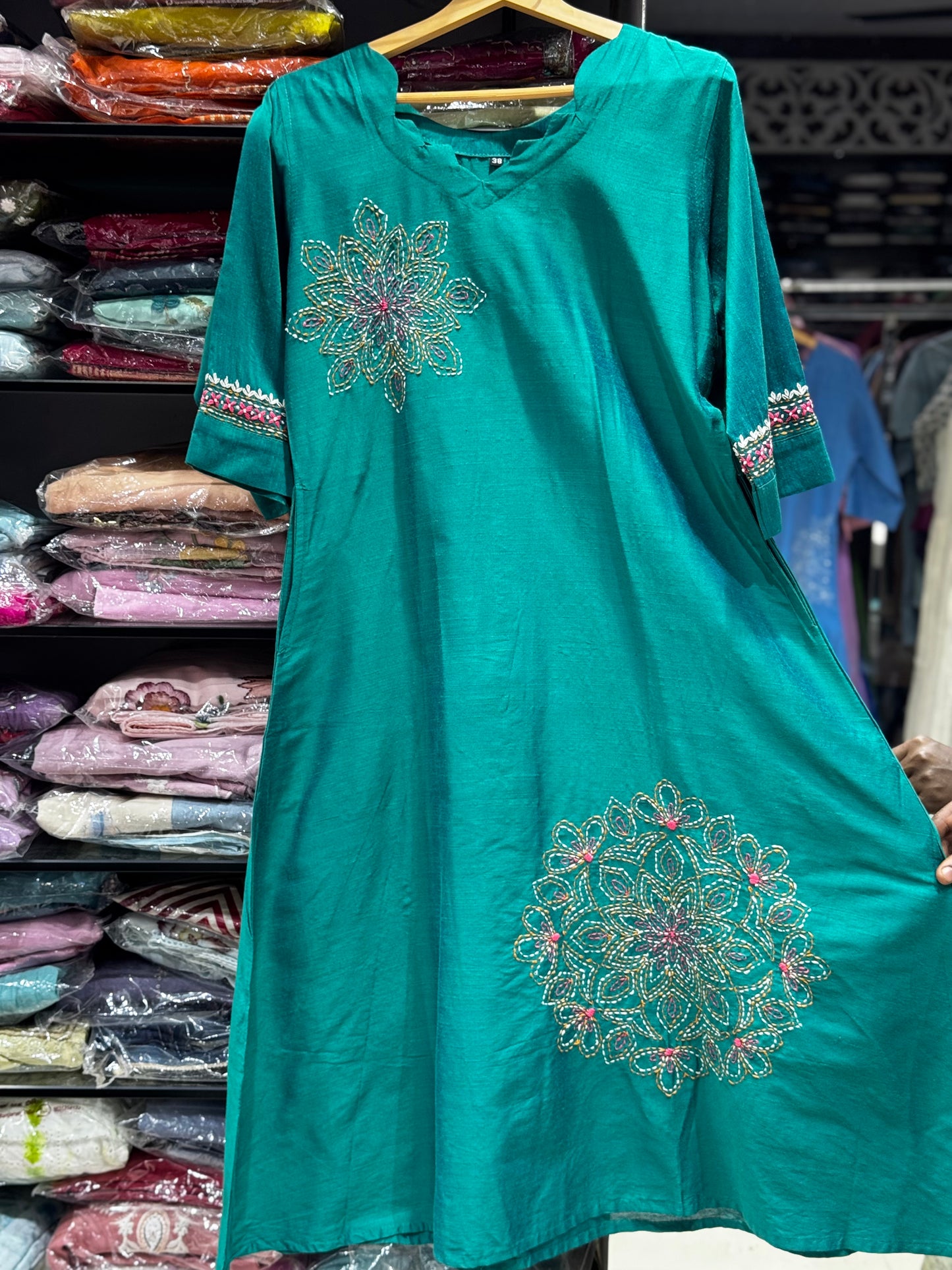 F143 Green Slubsilk kurti/gown