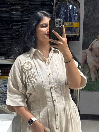 F158 Jute cotton beige Dress with crochet patches