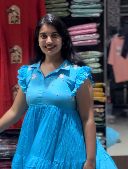 F148 Sky blue chinon butterfly dress