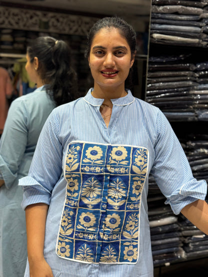 F129 Blue stripes Shirt style dress with kalamkari twist