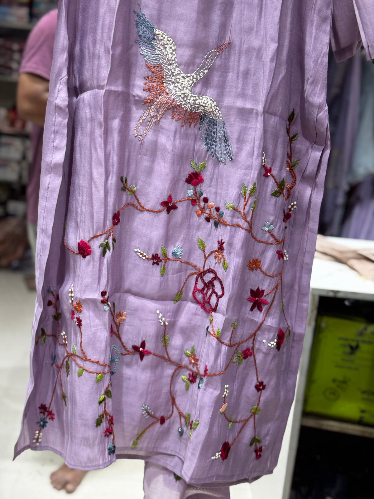 K232 Lavender Roman silk with Kantha work three peice suit set