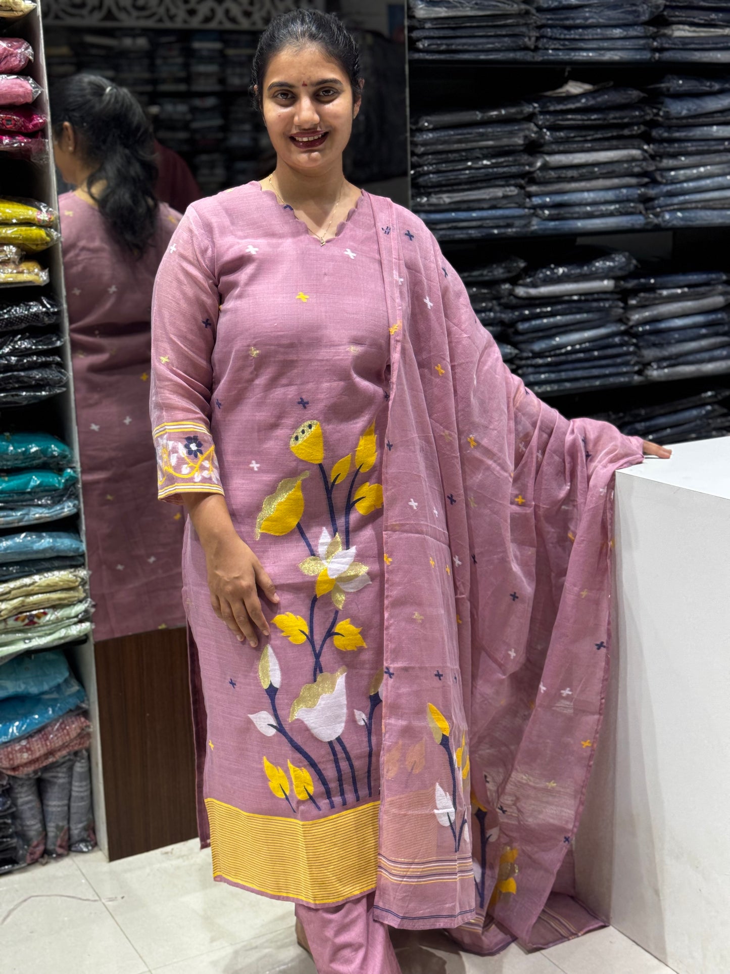 K138 LINEN COTTON JAMDANI THREE PEICE