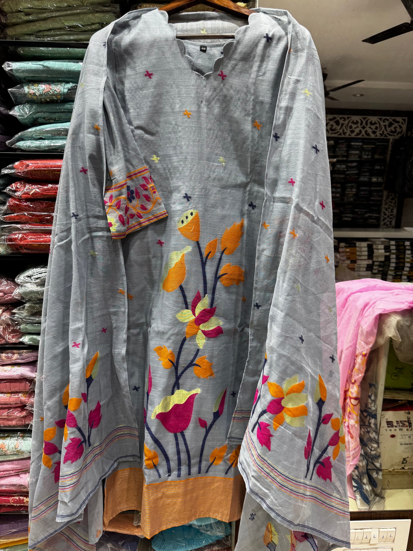 K138 LINEN COTTON JAMDANI THREE PEICE