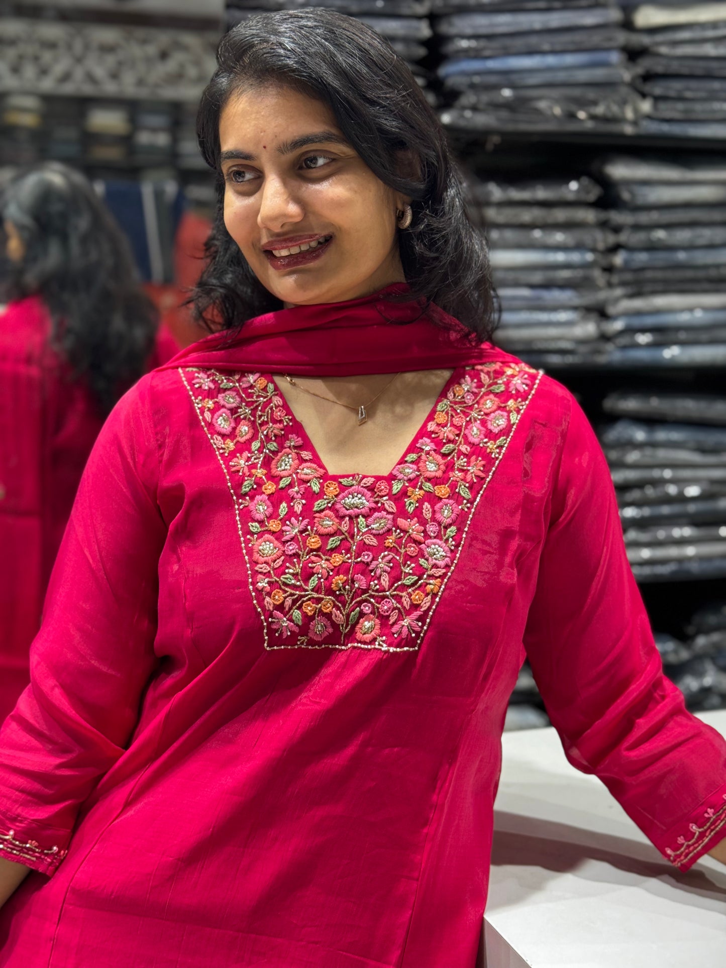 K83 Benaras Mulchanderi Kurti Suit Set with Straight-Fit Pants