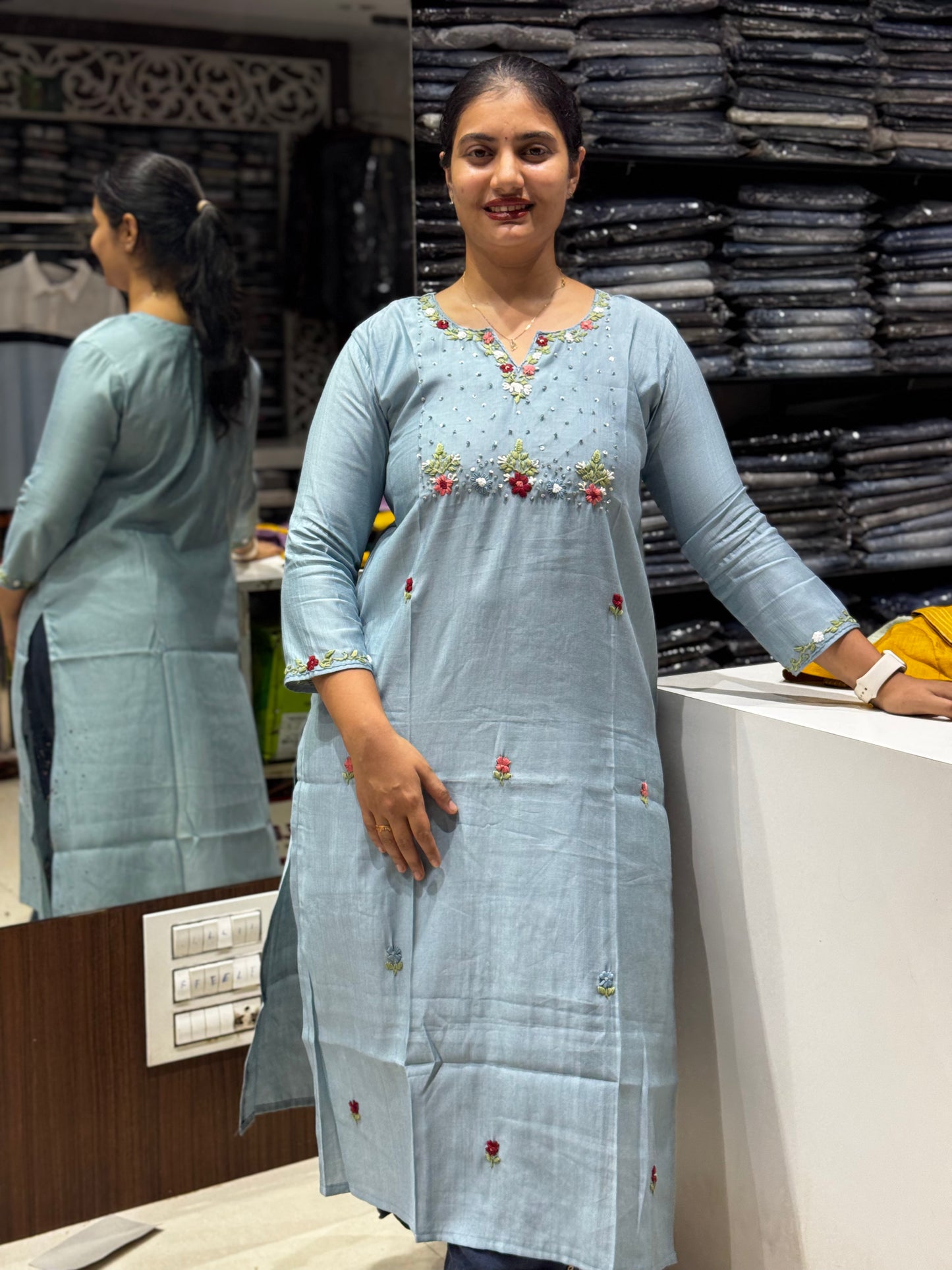 T33 VATICAN SILK KURTI WITH KANTHA WORK