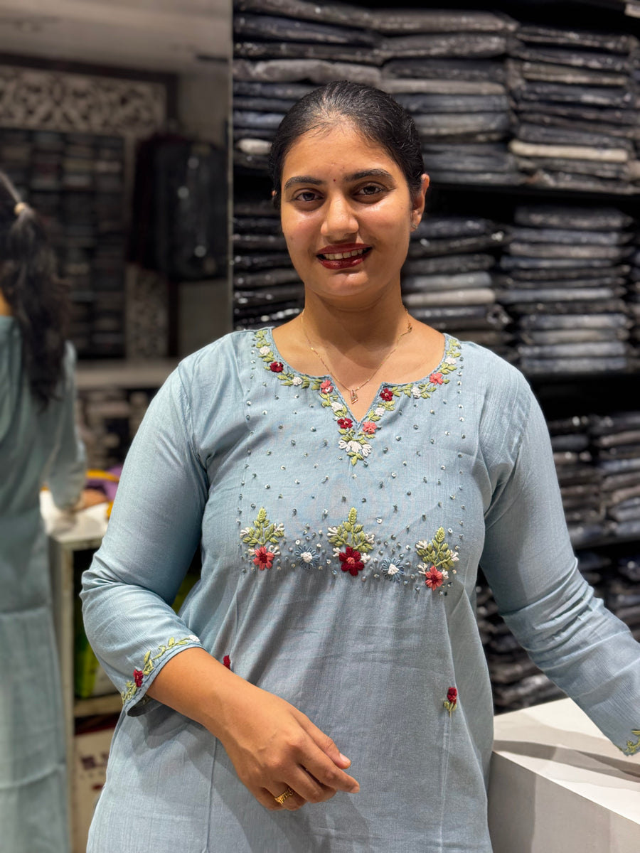 T33 VATICAN SILK KURTI WITH KANTHA WORK