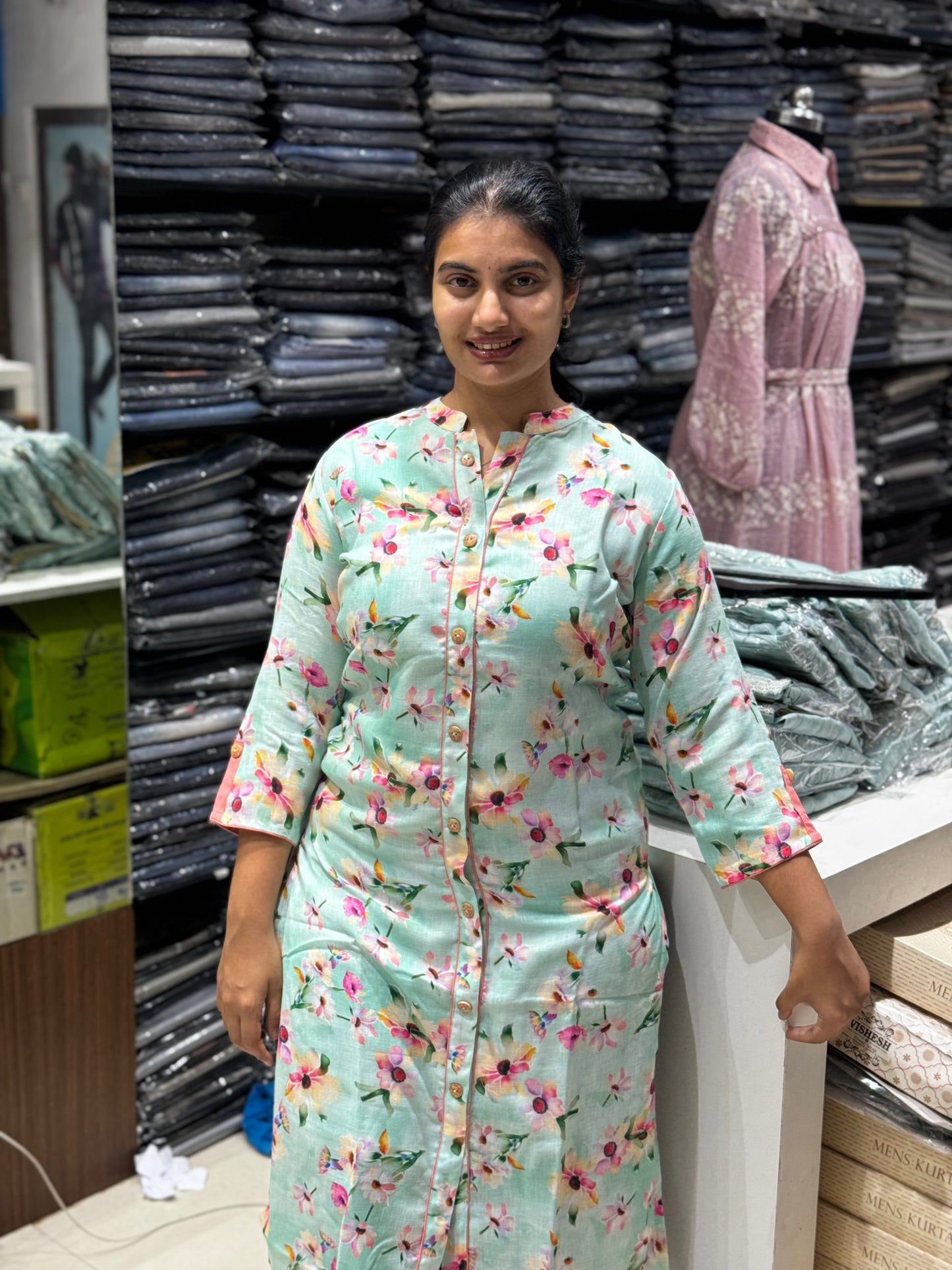 T14 seagreen linen kurti top