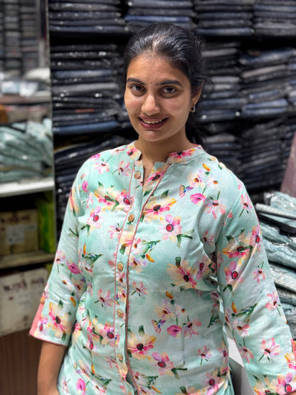 T14 seagreen linen kurti top