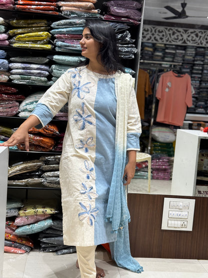 K118 CREAM&BLUE THREE PEICE SUIT SET