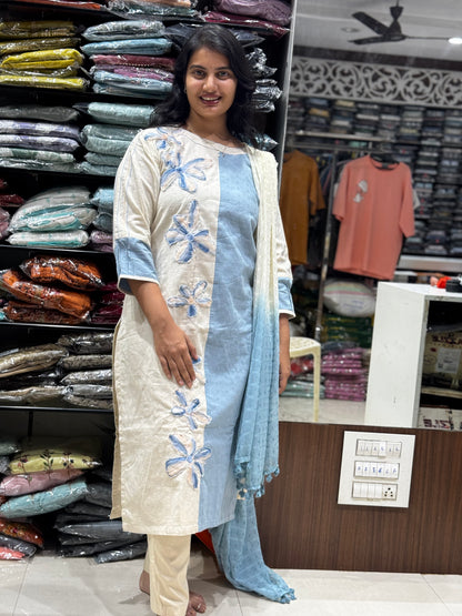 K118 CREAM&BLUE THREE PEICE SUIT SET