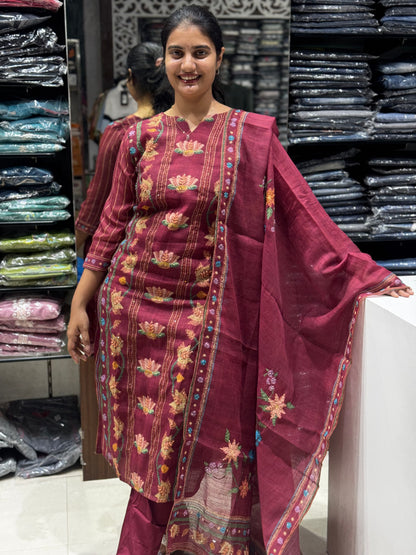 K121 Maroon Linen cotton three peice suit set